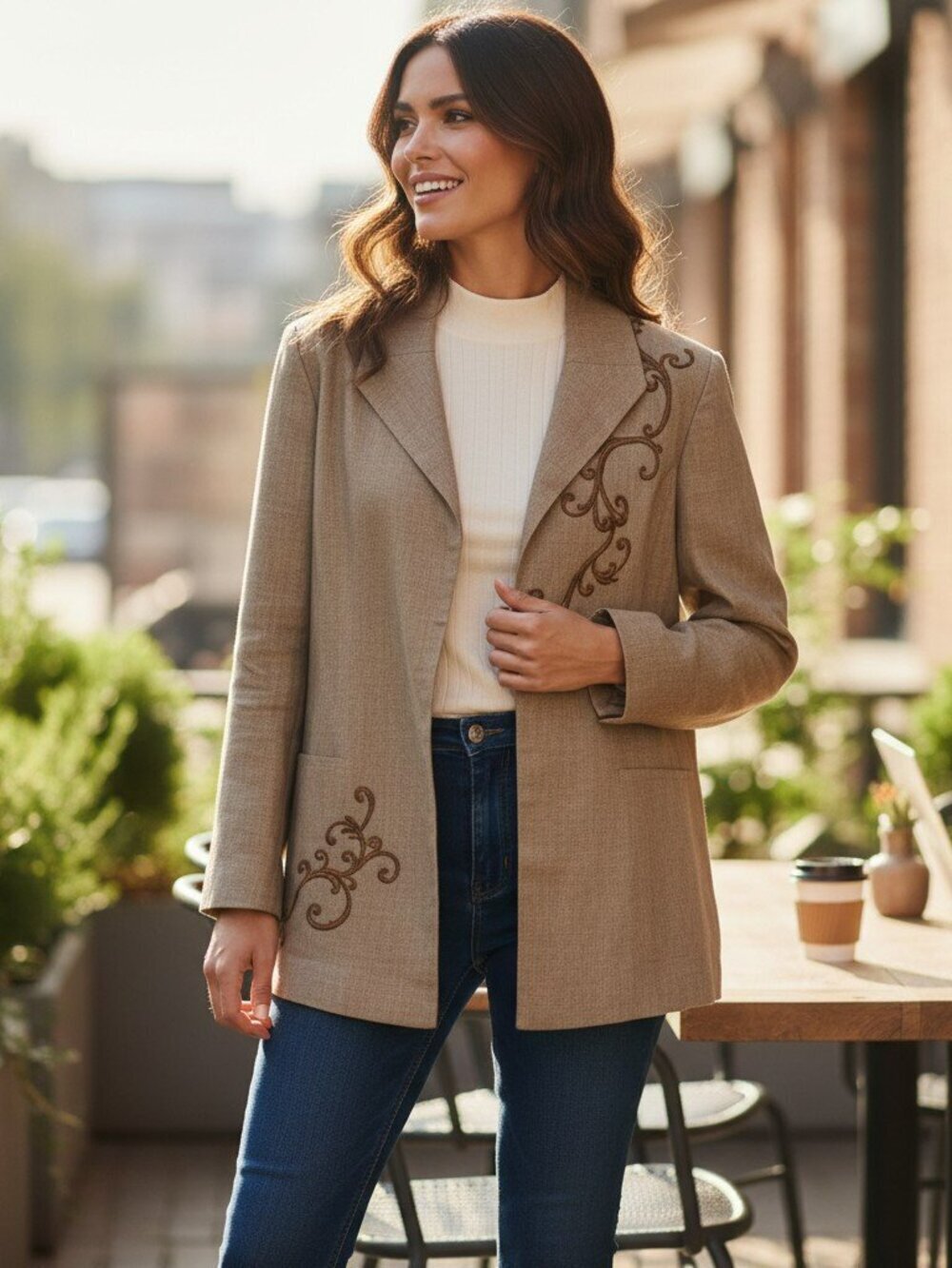 Coldwater Creek Size 14 Beige 100% Linen Embroidered Open Front Jacket Blazer